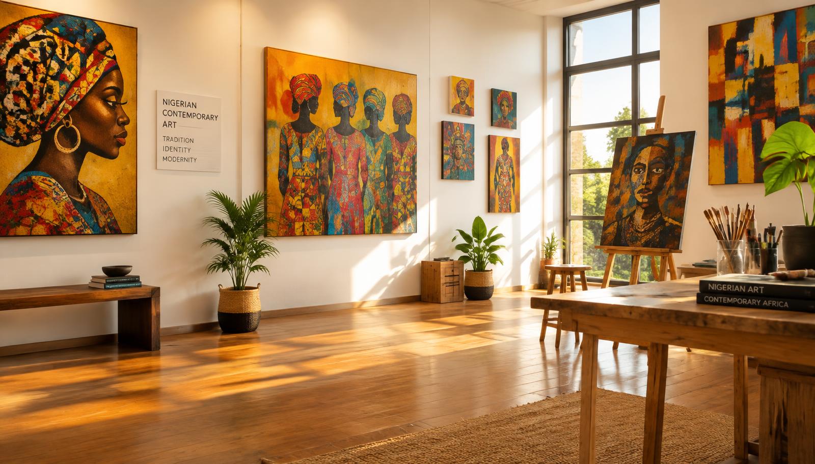 A sunlit gallery studio hung with contemporary Nigerian paintings